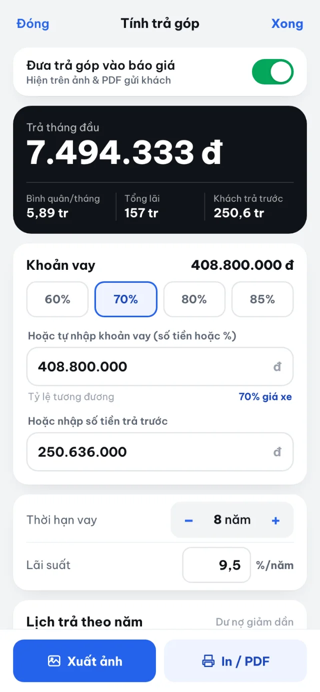 Màn Tính trả góp: chọn mức vay 60, 70, 80, 85%, số năm, lãi suất và xem tiền trả tháng đầu