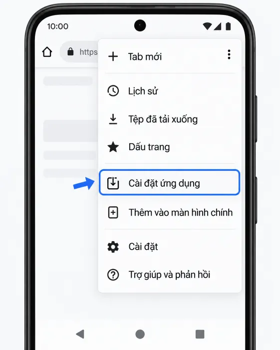 Menu của Chrome, dòng Cài đặt ứng dụng được viền xanh, ngay dưới là dòng Thêm vào màn hình chính