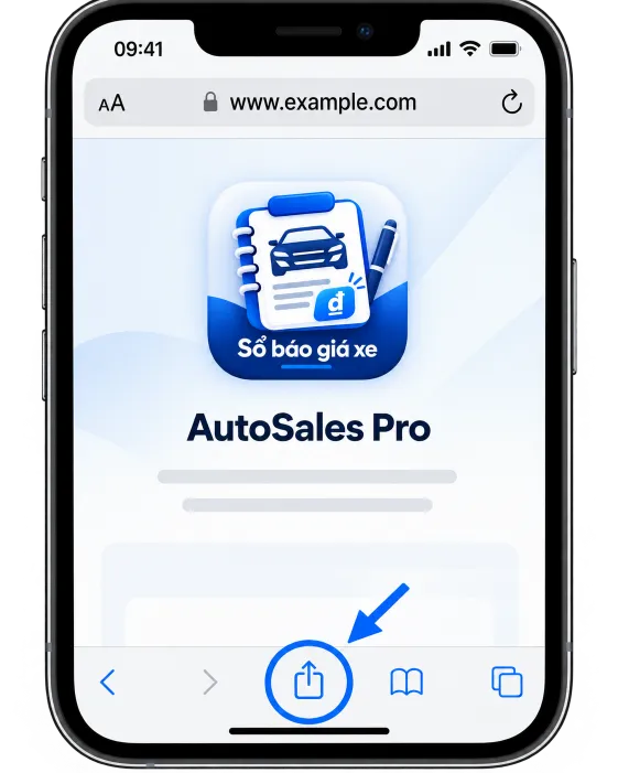 Safari trên iPhone: nút Chia sẻ hình ô vuông có mũi tên lên, ở thanh công cụ dưới cùng, được khoanh tròn xanh