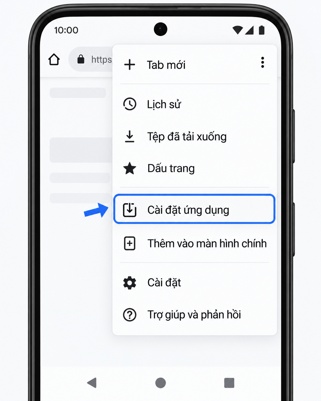 Menu Chrome với mục Cài đặt ứng dụng được đánh dấu