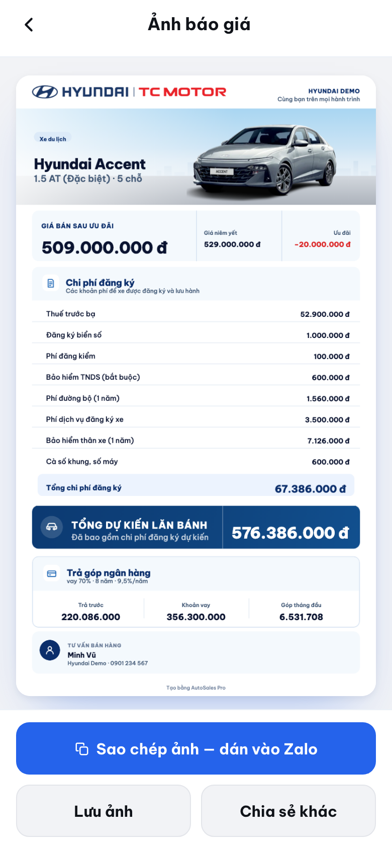 Ảnh báo giá được tạo từ AutoSales Pro