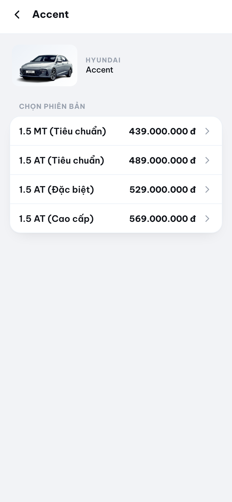 Màn hình chọn phiên bản xe